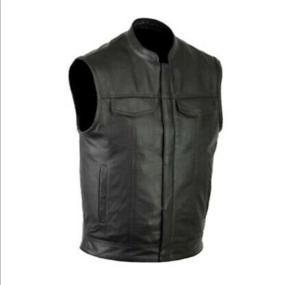 Mens Motorcycle Leather Club Vest Solid Black Concealed Carry Pockets